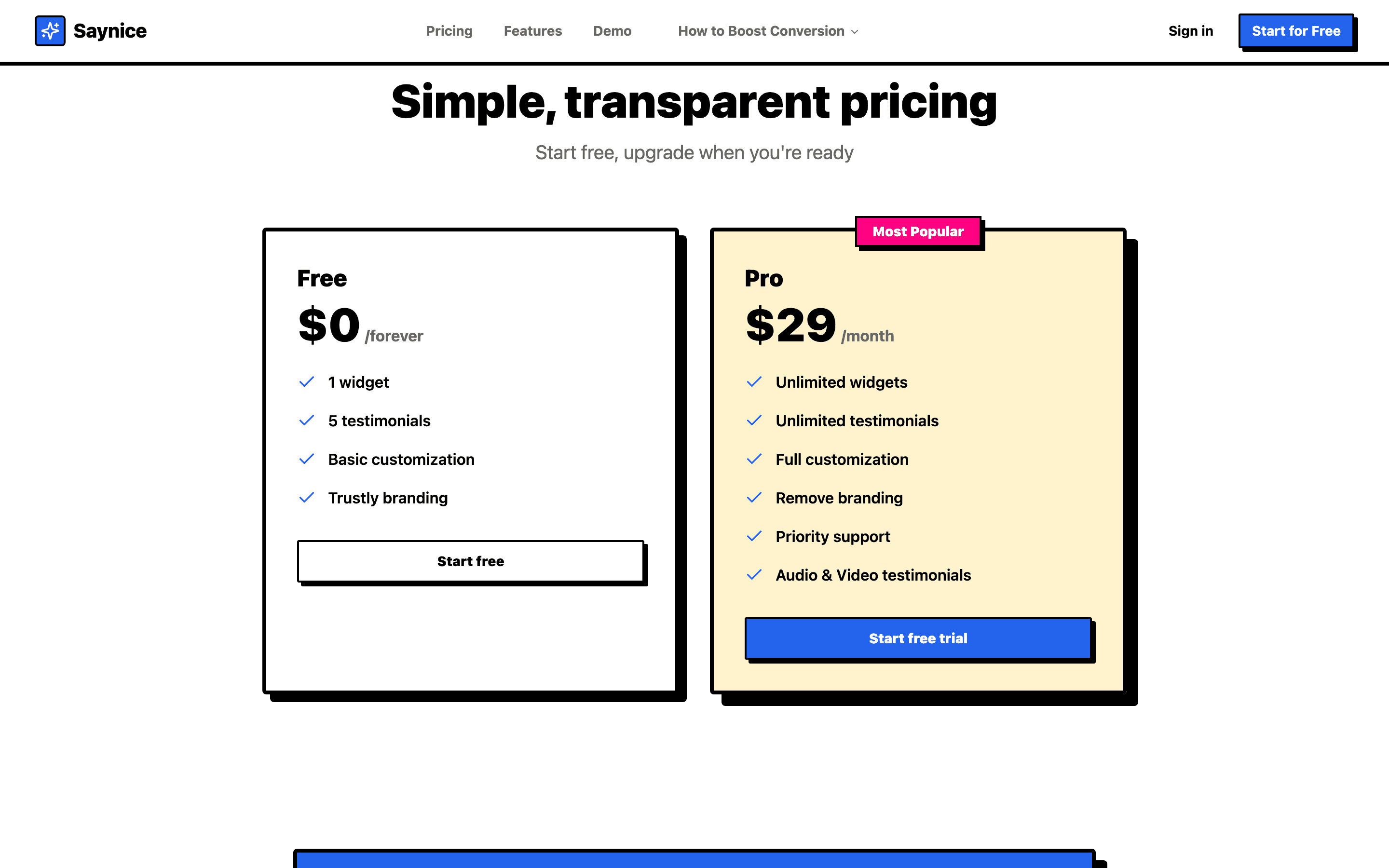 Saynice pricing page - $0 free vs $29 Pro