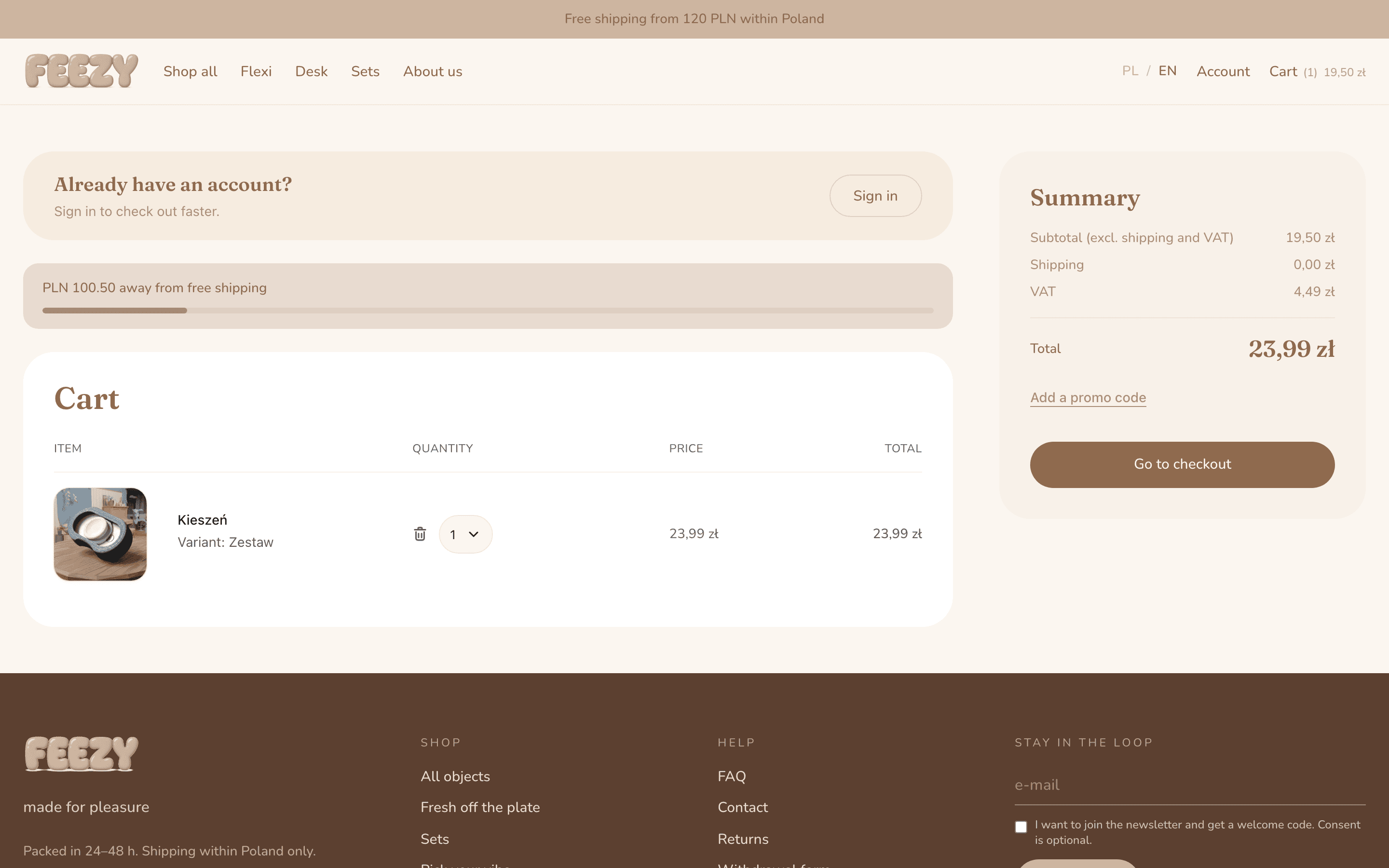 Feezy cart and checkout step with delivery and payment